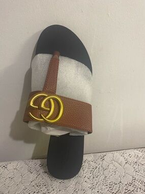 Women’s Brown Leather Slide Sandal with Gold Accent